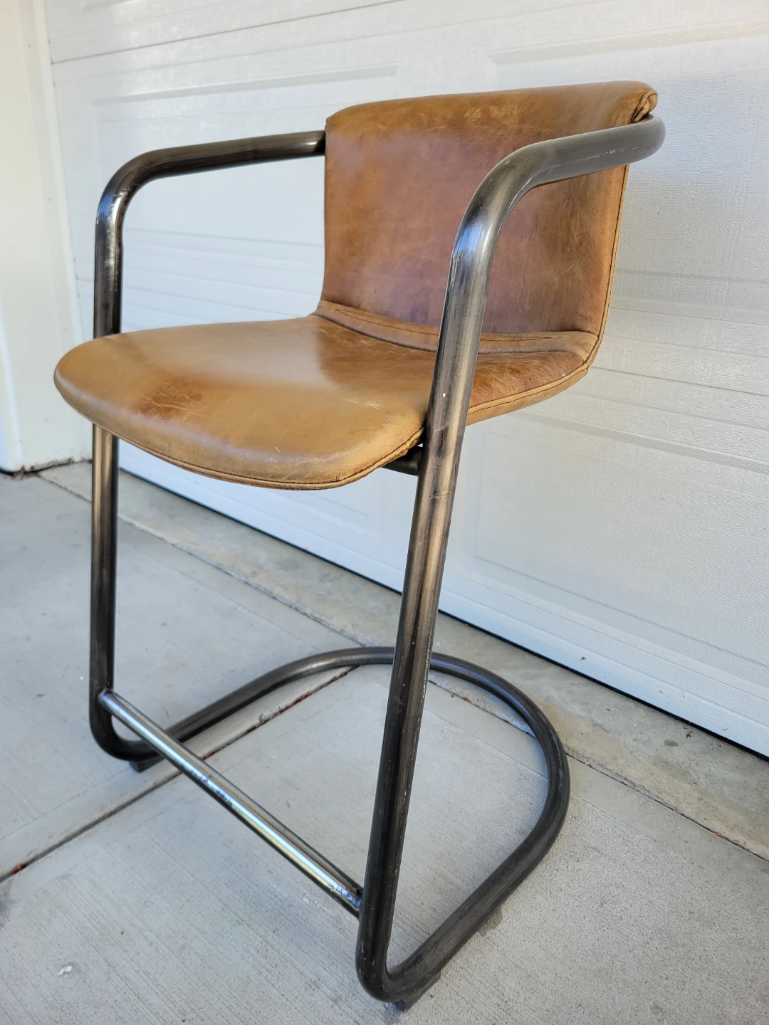 Mid-Century Modern Cantilever Leather Counter Stool.