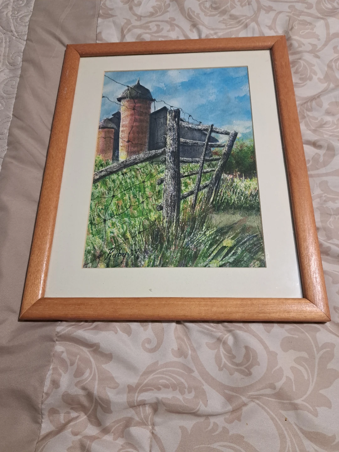 Framed Watercolour Painting of Barns and Fence