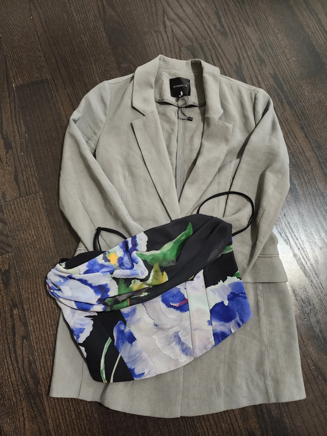 DYNAMITE Grey Blazer with Floral Corset Top Set