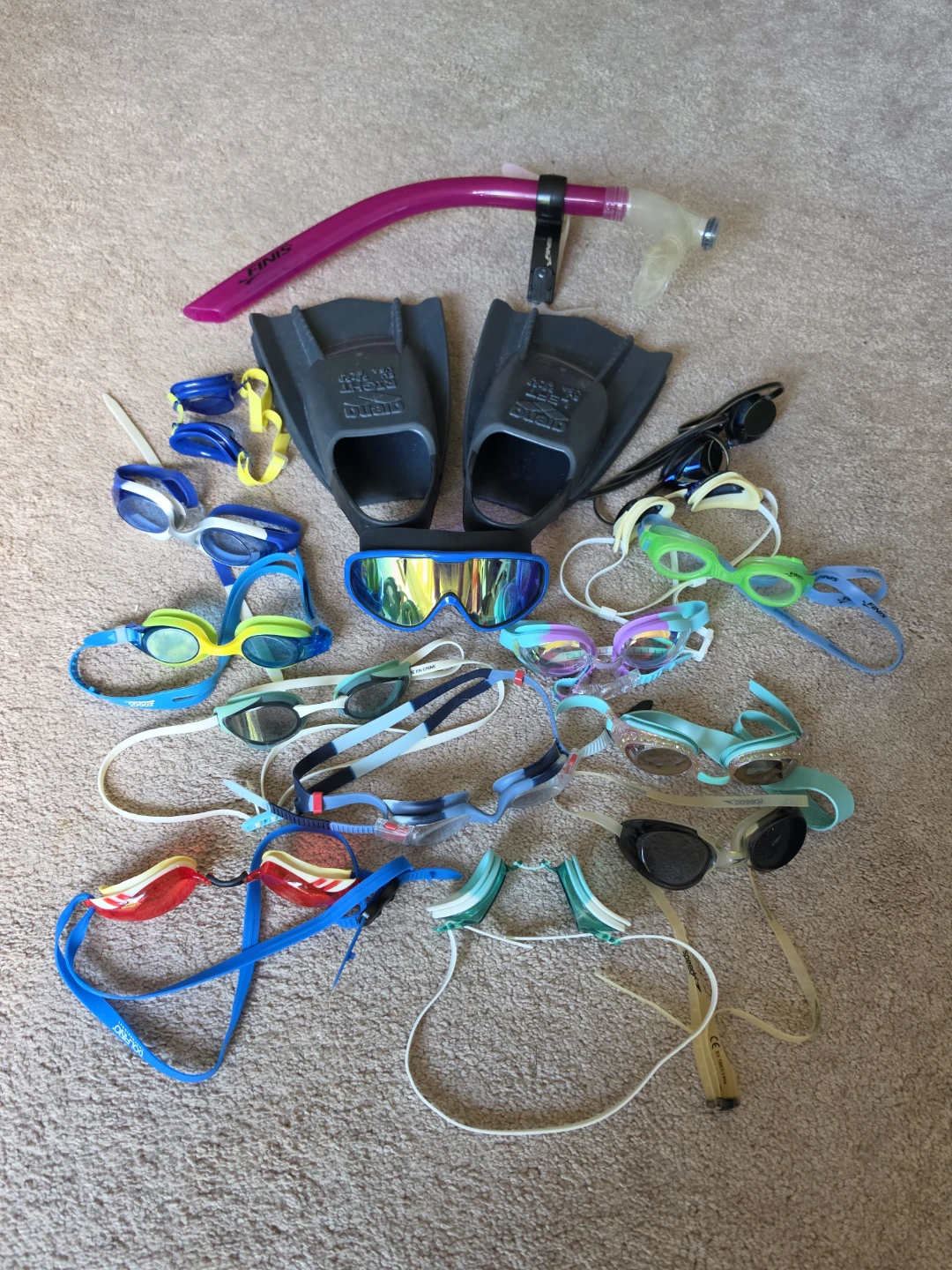 Kids Swimming Goggles, Fins and Snorkel. $10 for all