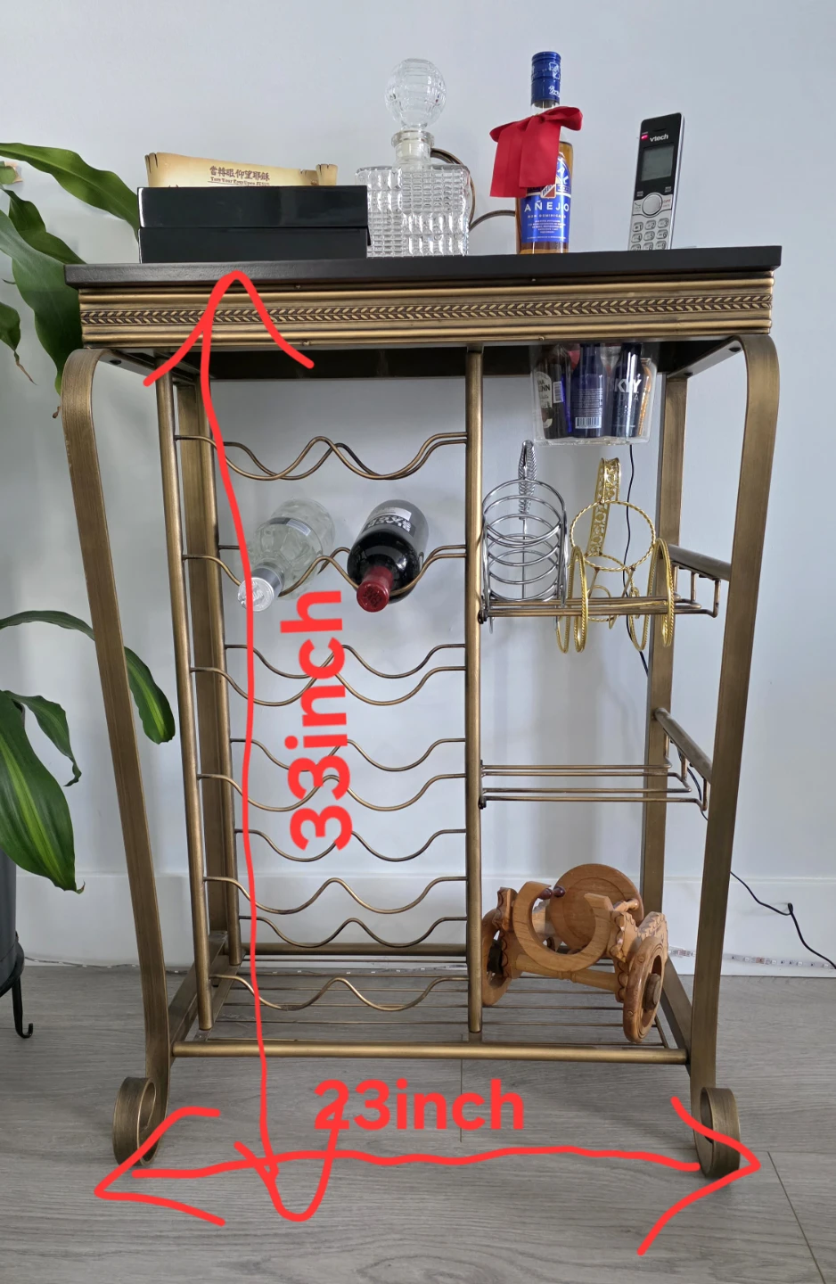 Gold Metal Wine Bar Cart with Top Shelf