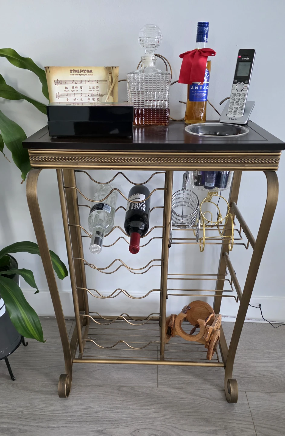 Gold Metal Wine Bar Cart with Top Shelf - photo 2