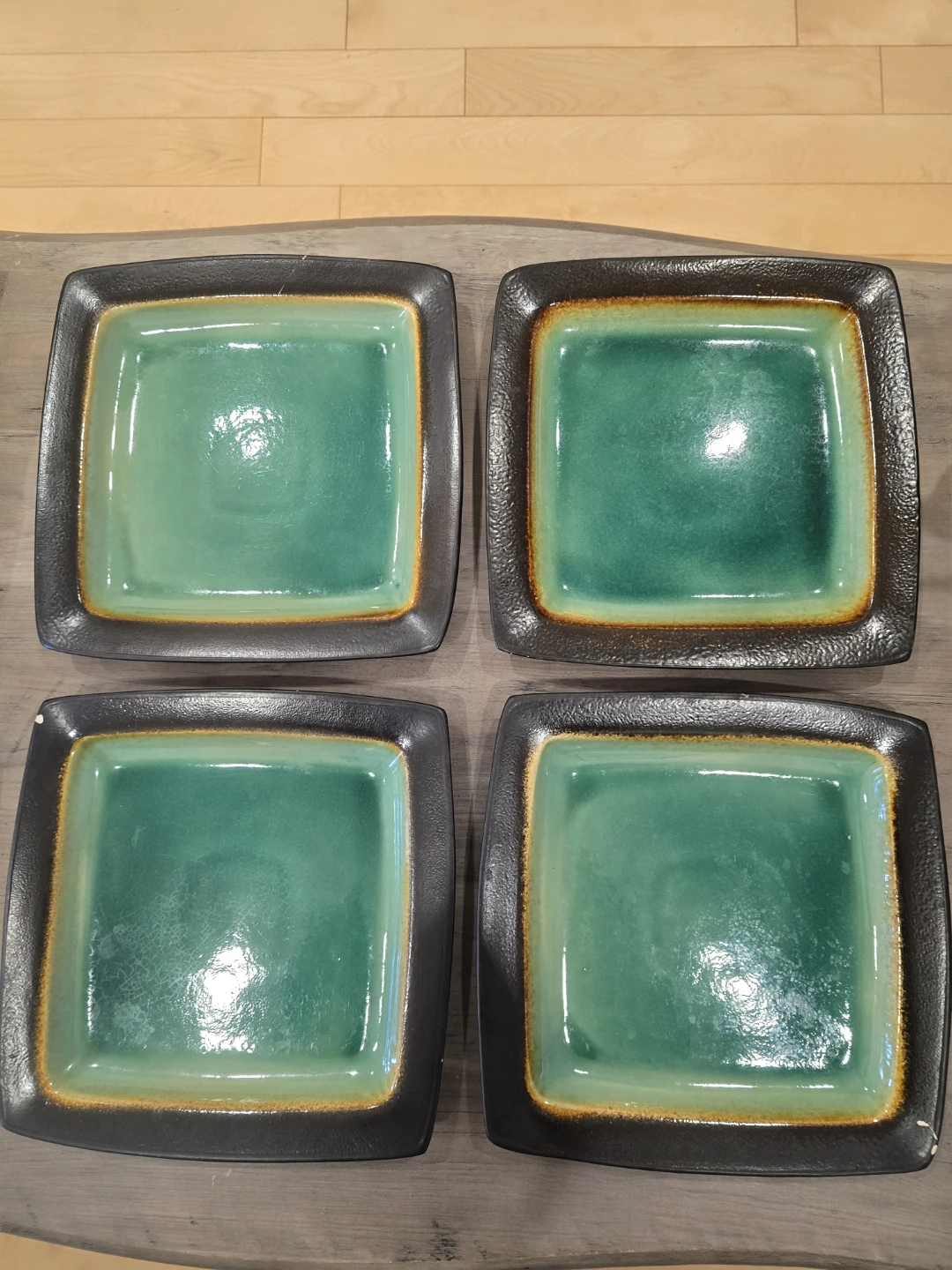 Set of 4 Square Green & Black Ceramic Serving Dishes