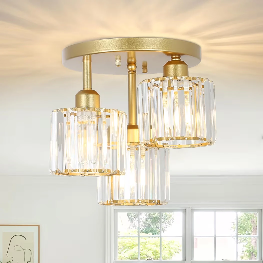Gold Semi Flush Mount Ceiling Light with Crystal Shades