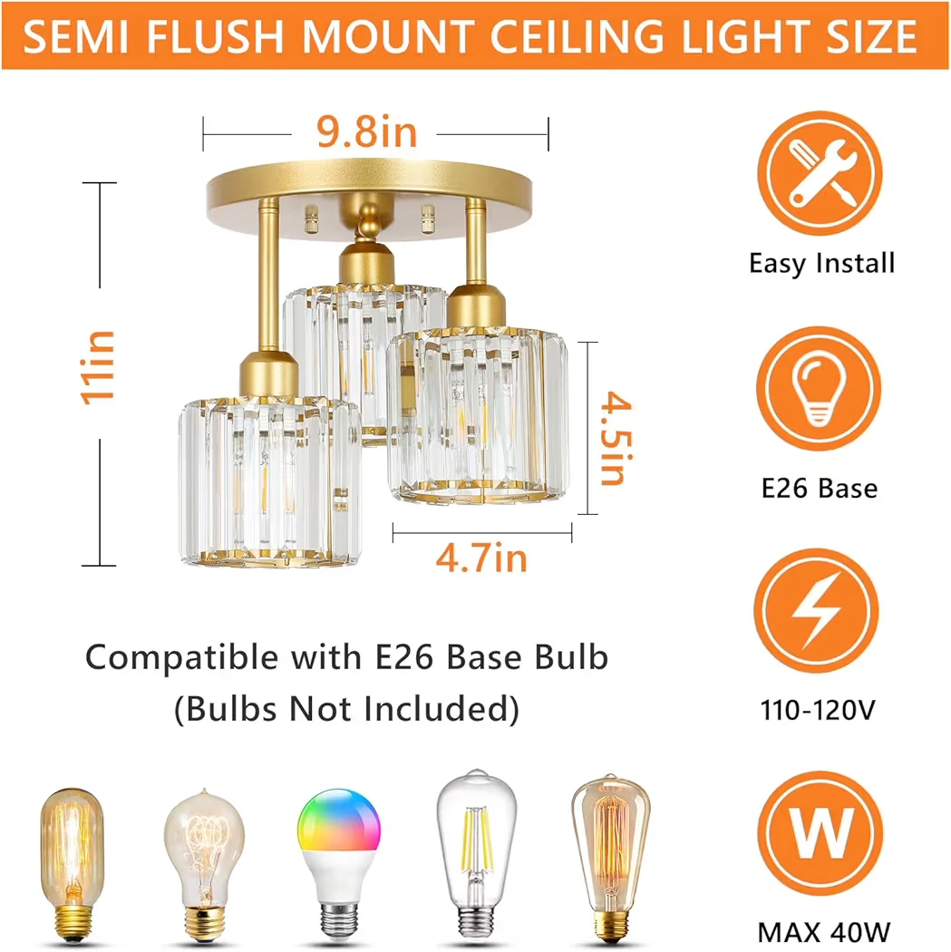 Gold Semi Flush Mount Ceiling Light with Crystal Shades - photo 4