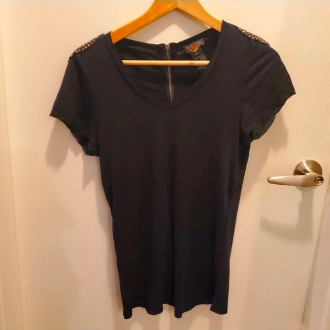 Black Embellished Shoulder T-Shirt