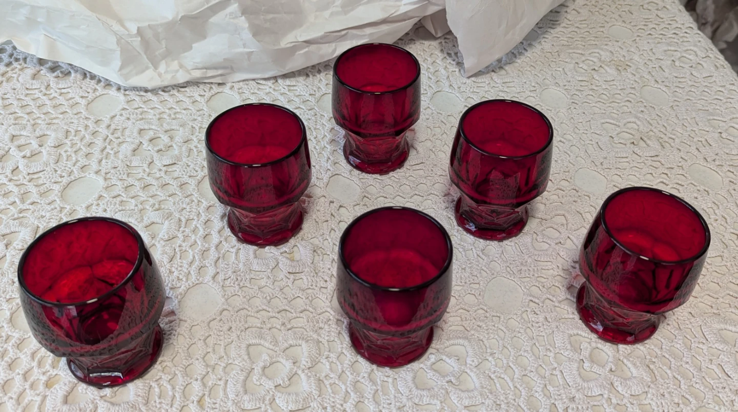 6 vintage Ruby red glass drinking glasses