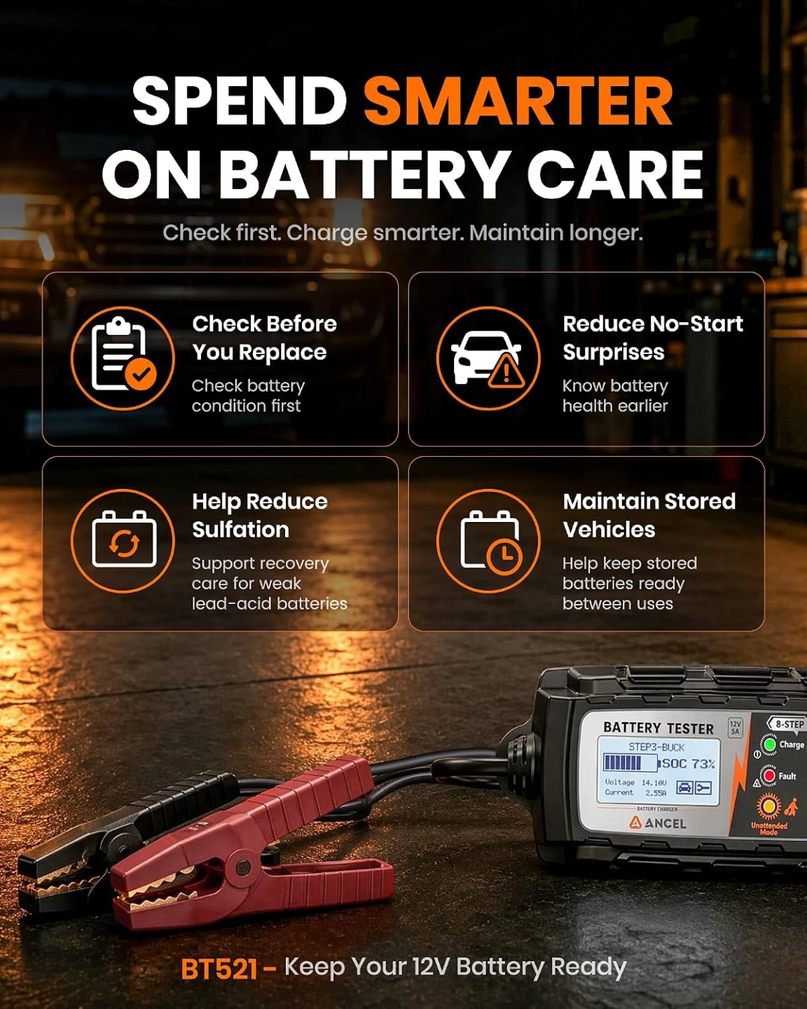 ANCEL BT521 12V Battery Tester and Charger - photo 2