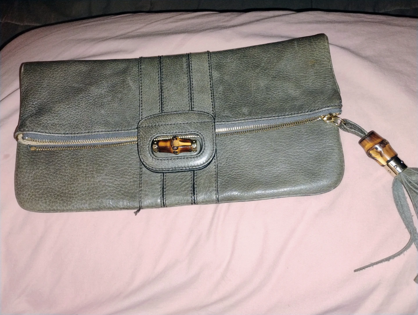 Gucci Grey Leather Clutch with Bamboo Accent