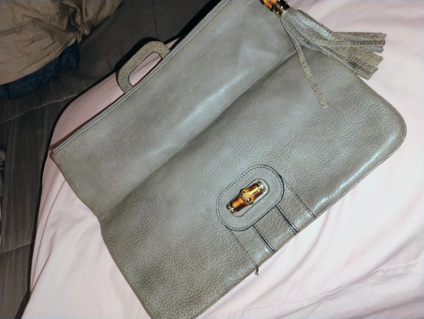 Gucci Grey Leather Clutch with Bamboo Accent - photo 2