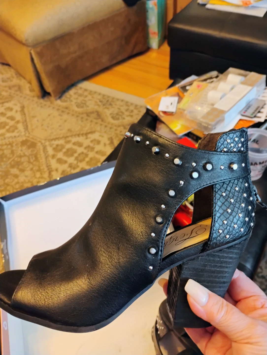 Black Studded Fergie Peep Toe Ankle Boots 7.5 - photo 4
