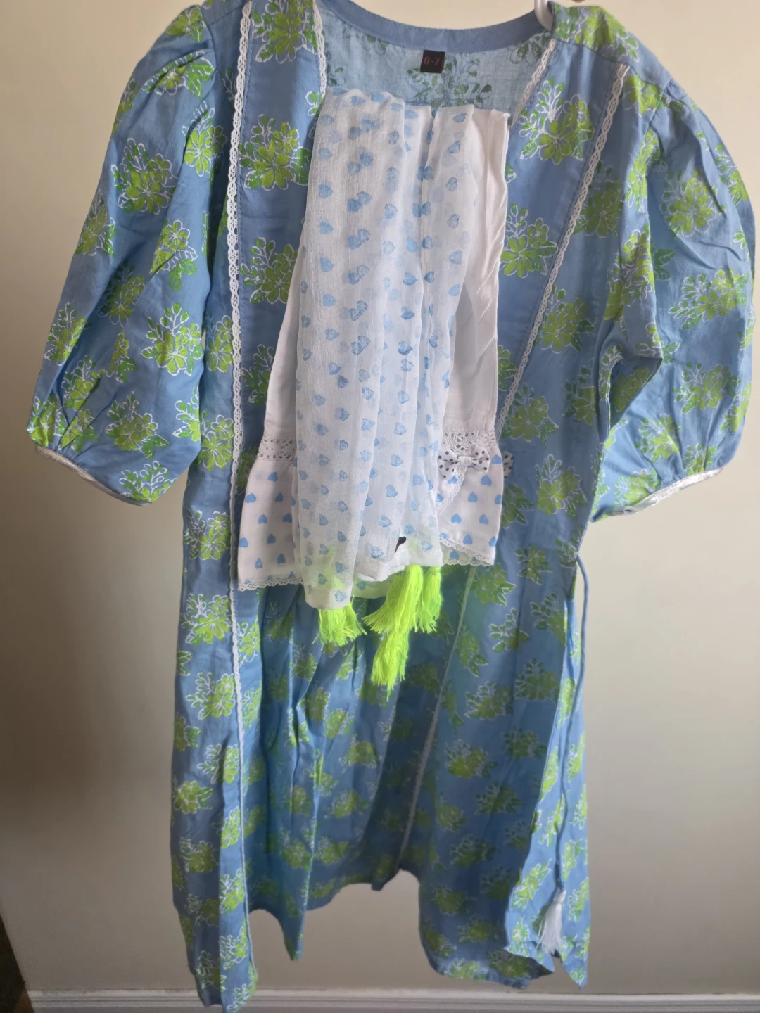 Blue and Green Floral Dress with White Scarf