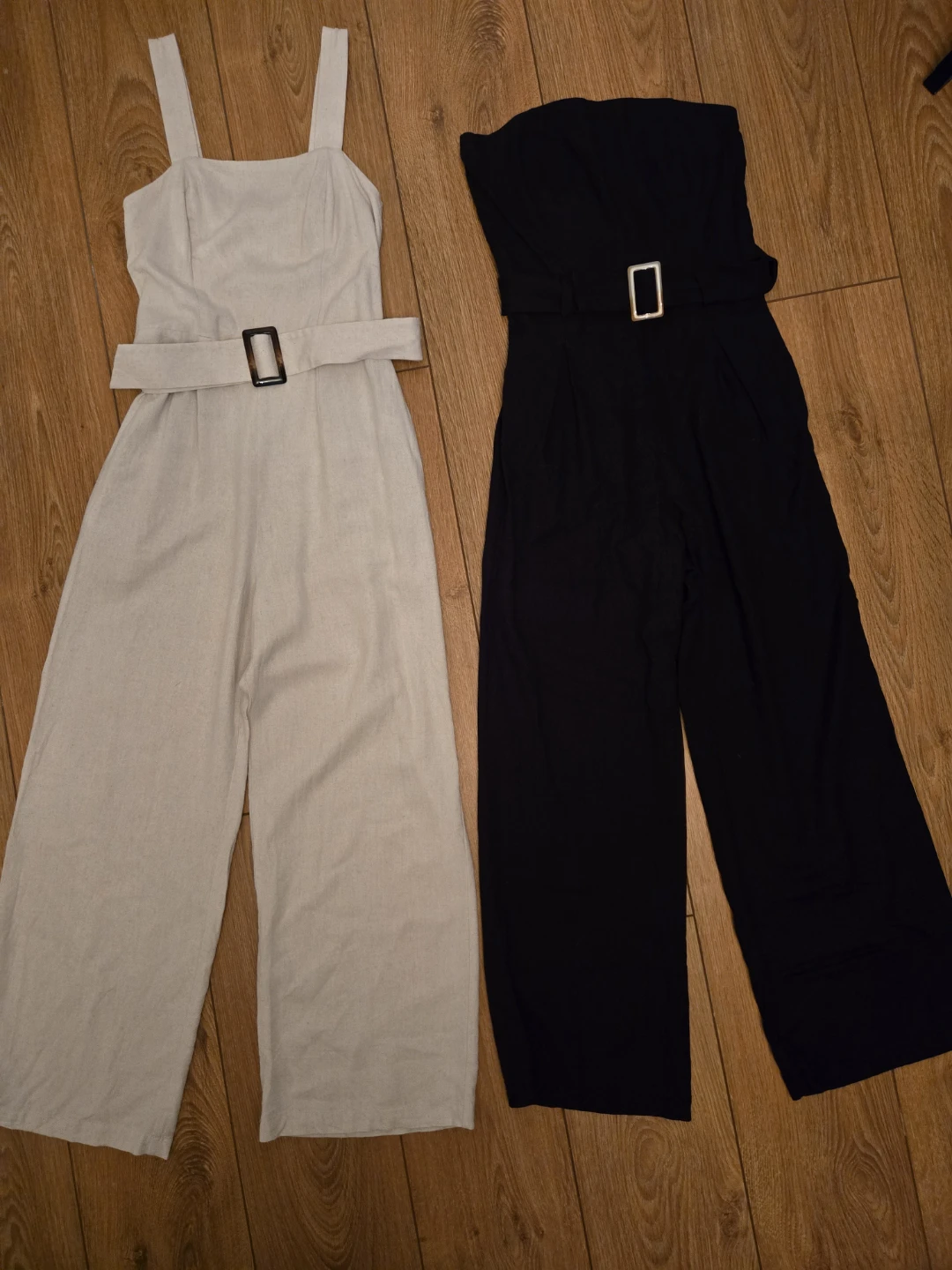Linen Belted Jumpsuits - Black and Beige