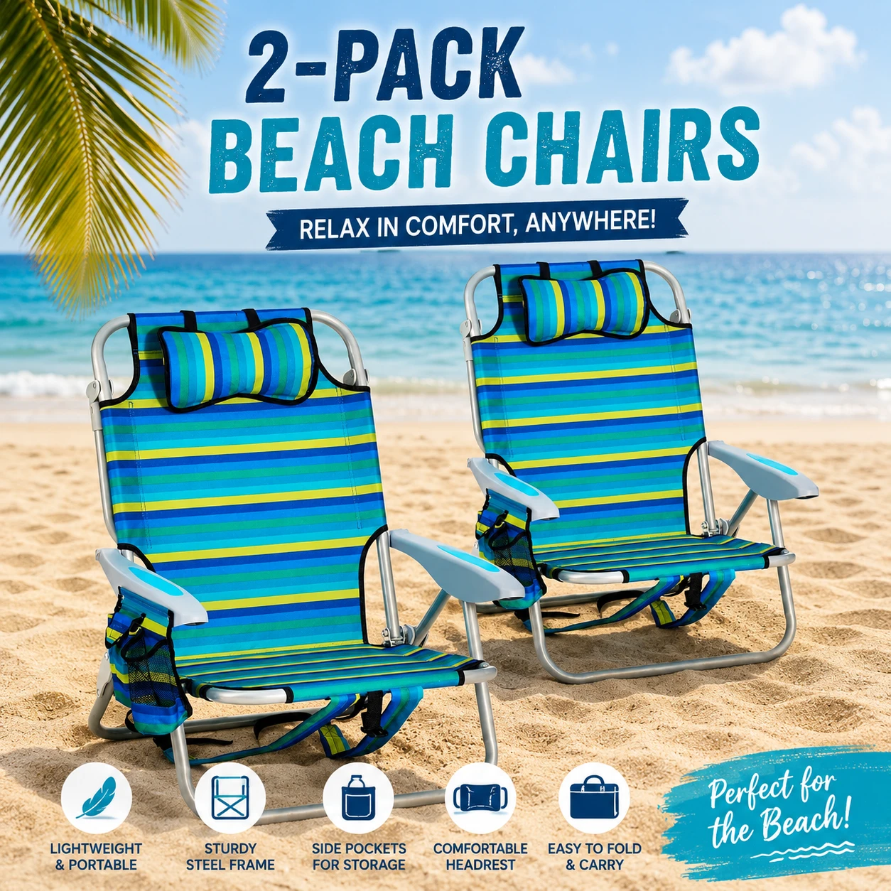 BN<> 3 sets > 2 Lightweight Beach Chair with 1 Beach Umbrella - photo 2