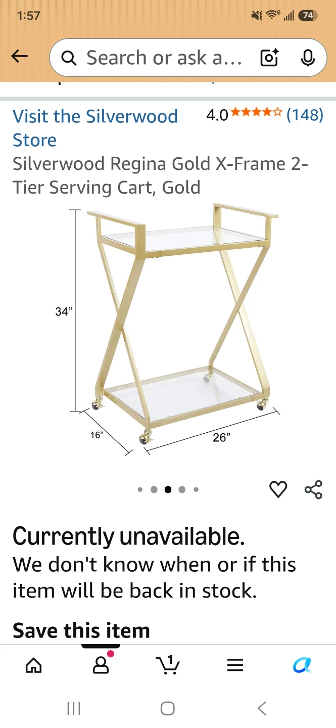 Silverwood Regina Gold X-Frame 2-Tier Serving Cart