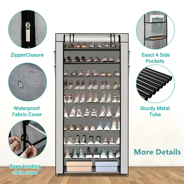 (BRAND NEW) 10-Tier Grey Fabric Shoe Rack with Cover - photo 5