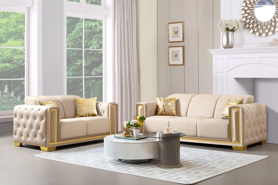 Cream Upholstered Sofa with Gold Accents