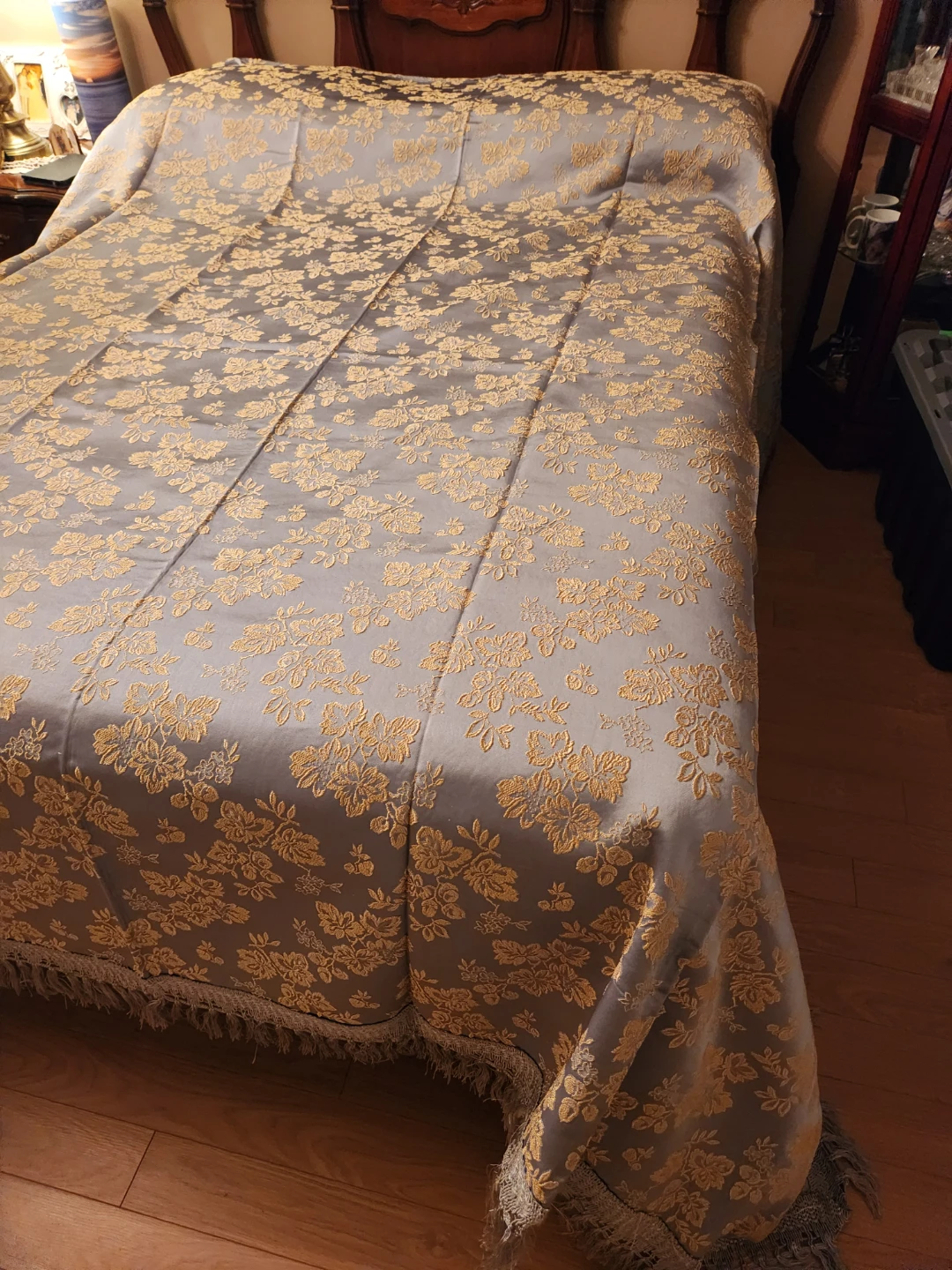 Decorative Bedspread with Gold Floral Embroidery and Fringe