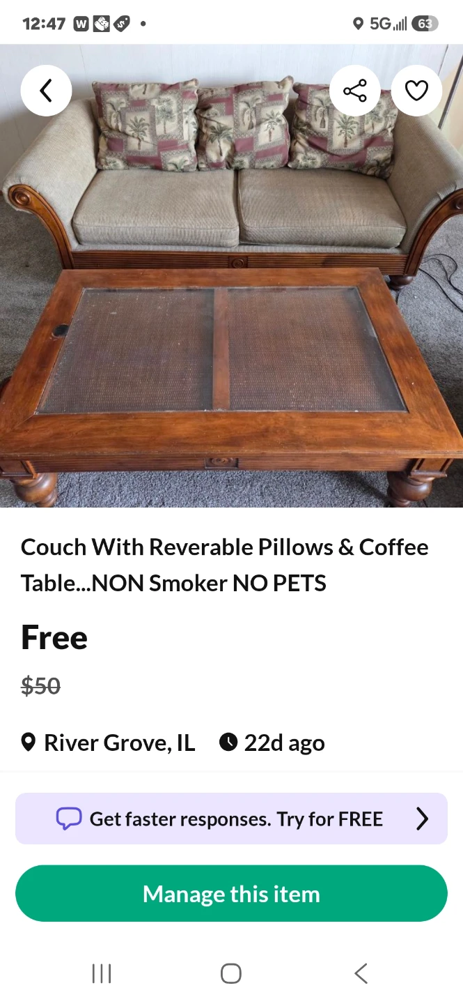 FREE! Couch with Reversible Pillows & Coffee Table