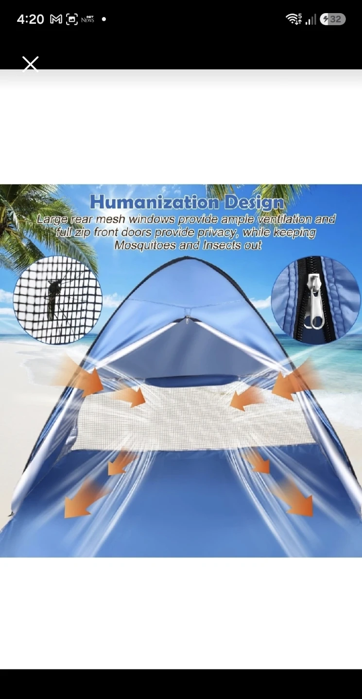 New Easy Pop Up Beach Tent 2-3 Person Sun Shelter