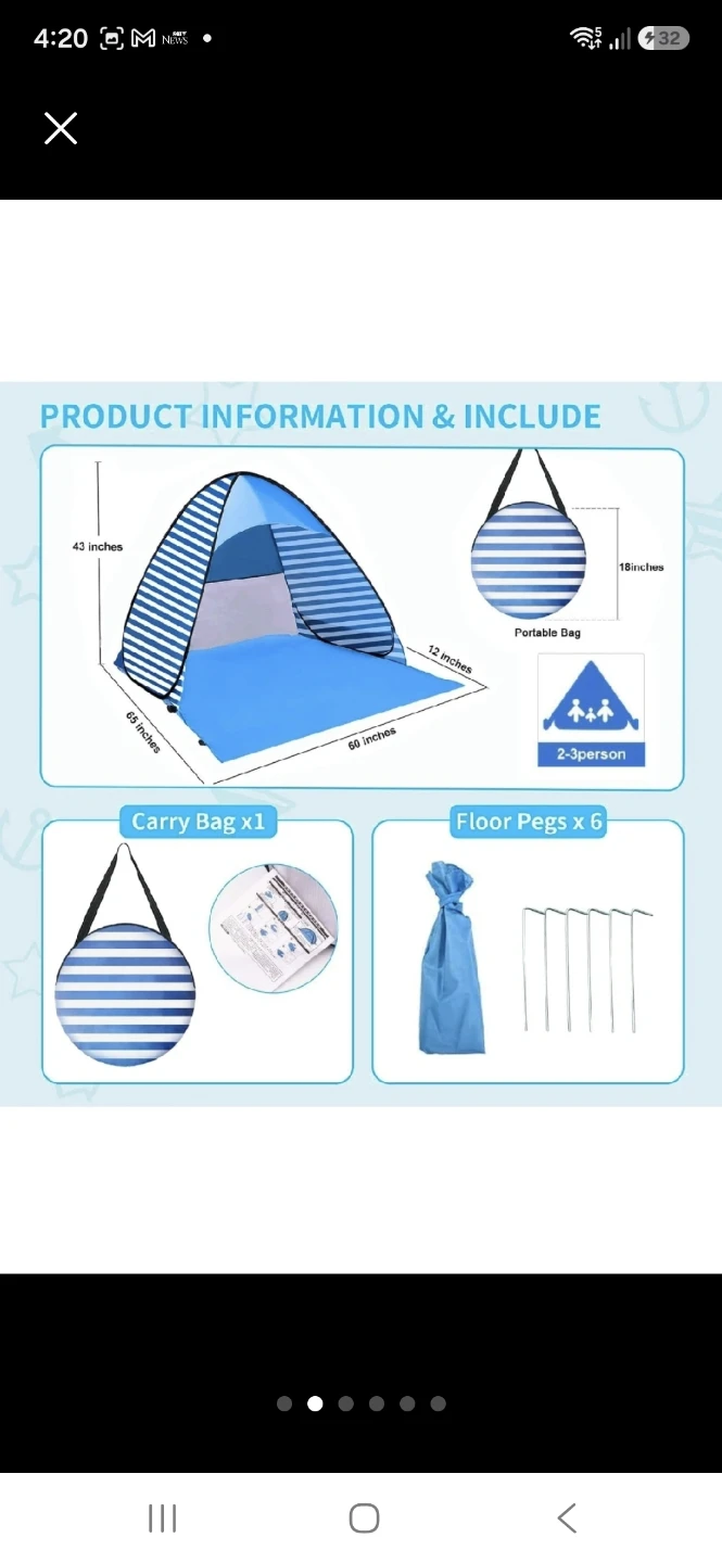 New Easy Pop Up Beach Tent 2-3 Person Sun Shelter - photo 2