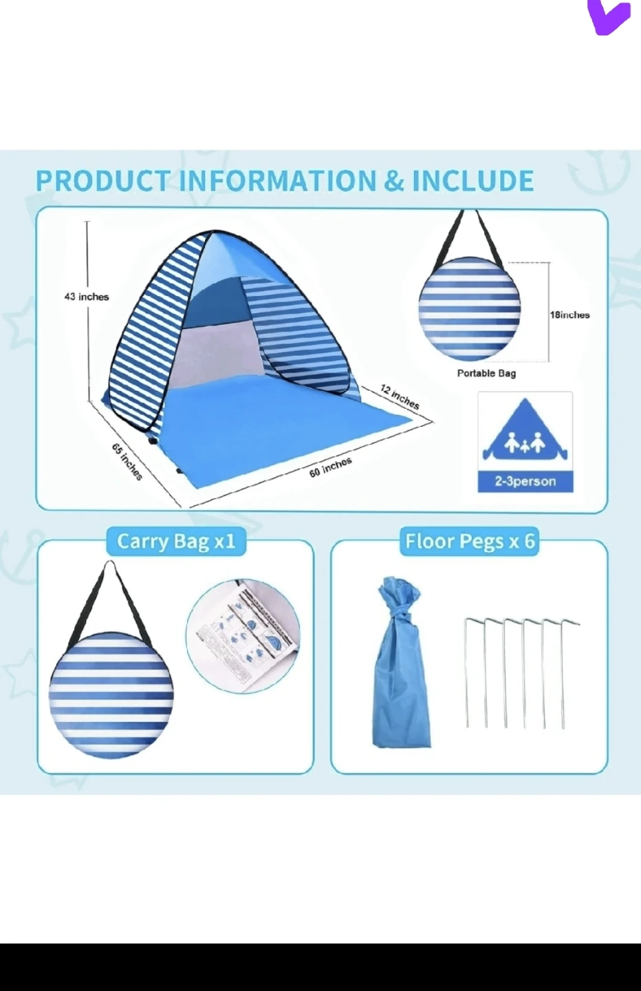 New Easy Pop Up Beach Tent 2-3 Person Sun Shelter - photo 3