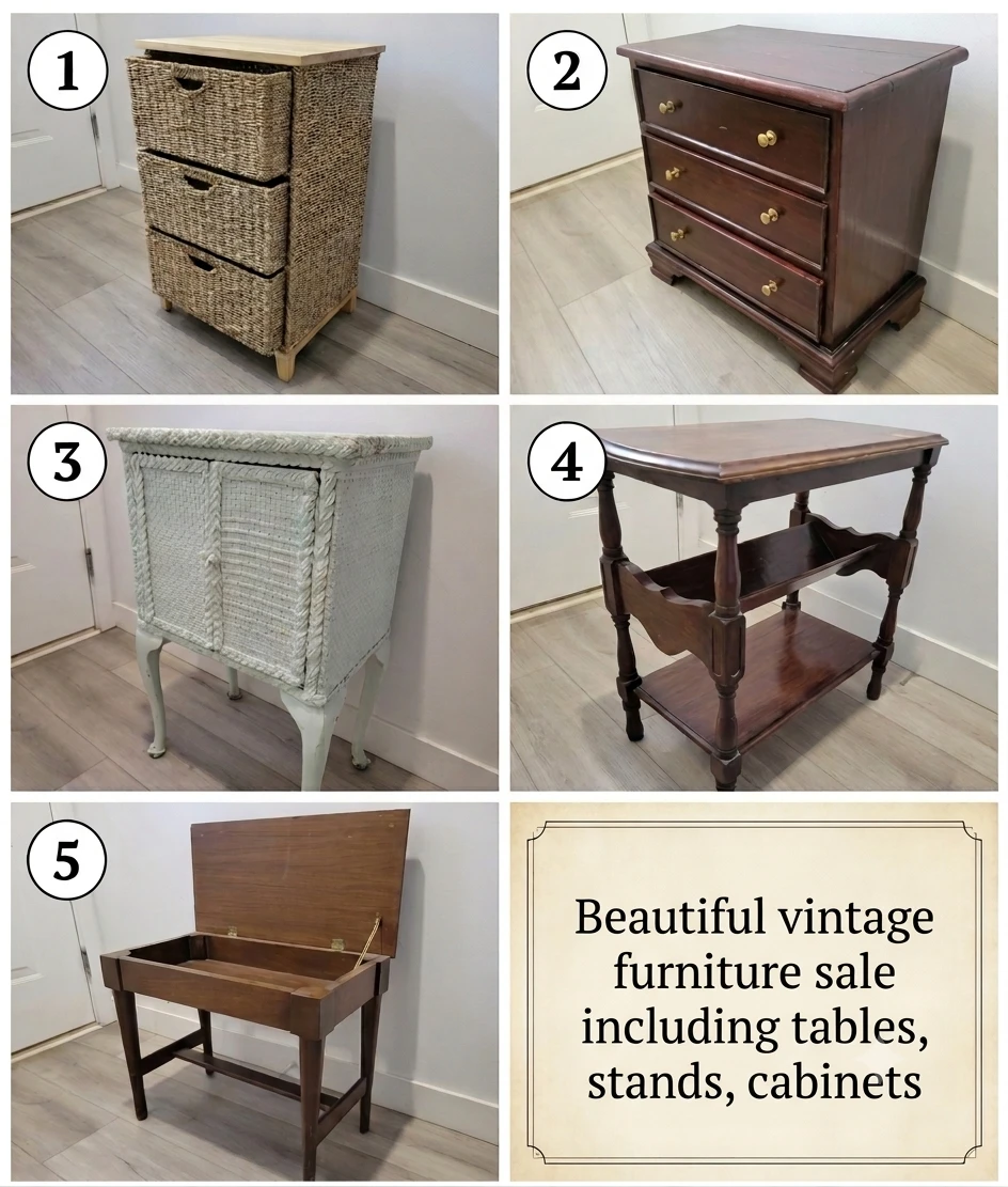 Vintage & Woven Furniture Sale - Tables, Stands, & Cabinets.
