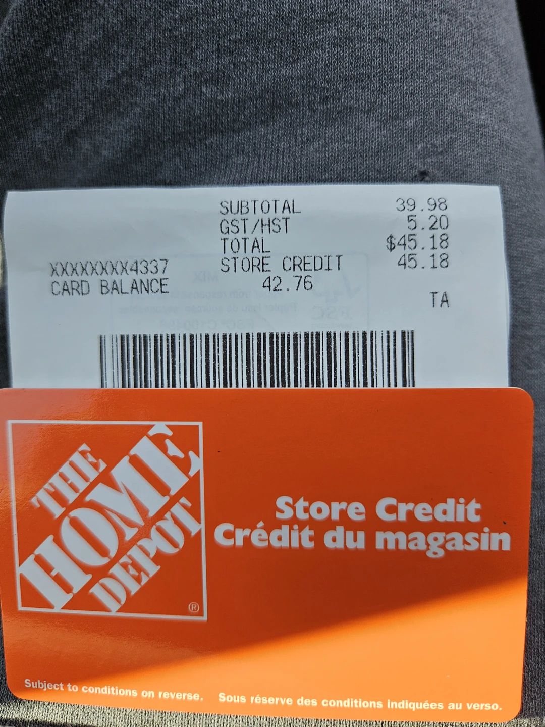 $42.76 Home Depot store credit
