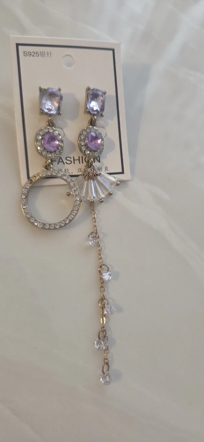 Asymmetrical Dangle Earrings with Purple Gems and Rhinestones