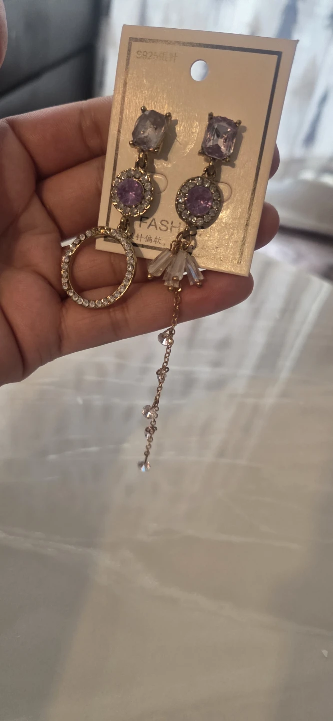 Asymmetrical Dangle Earrings with Purple Gems and Rhinestones - photo 2