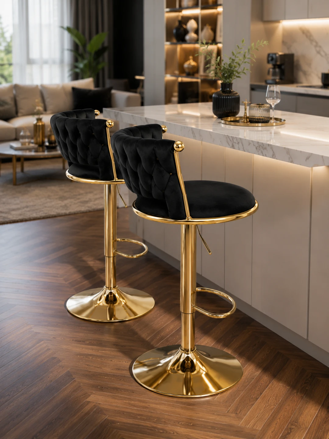 2 pc brand new Luxury Bar Stool Set - Black Velvet & Gold