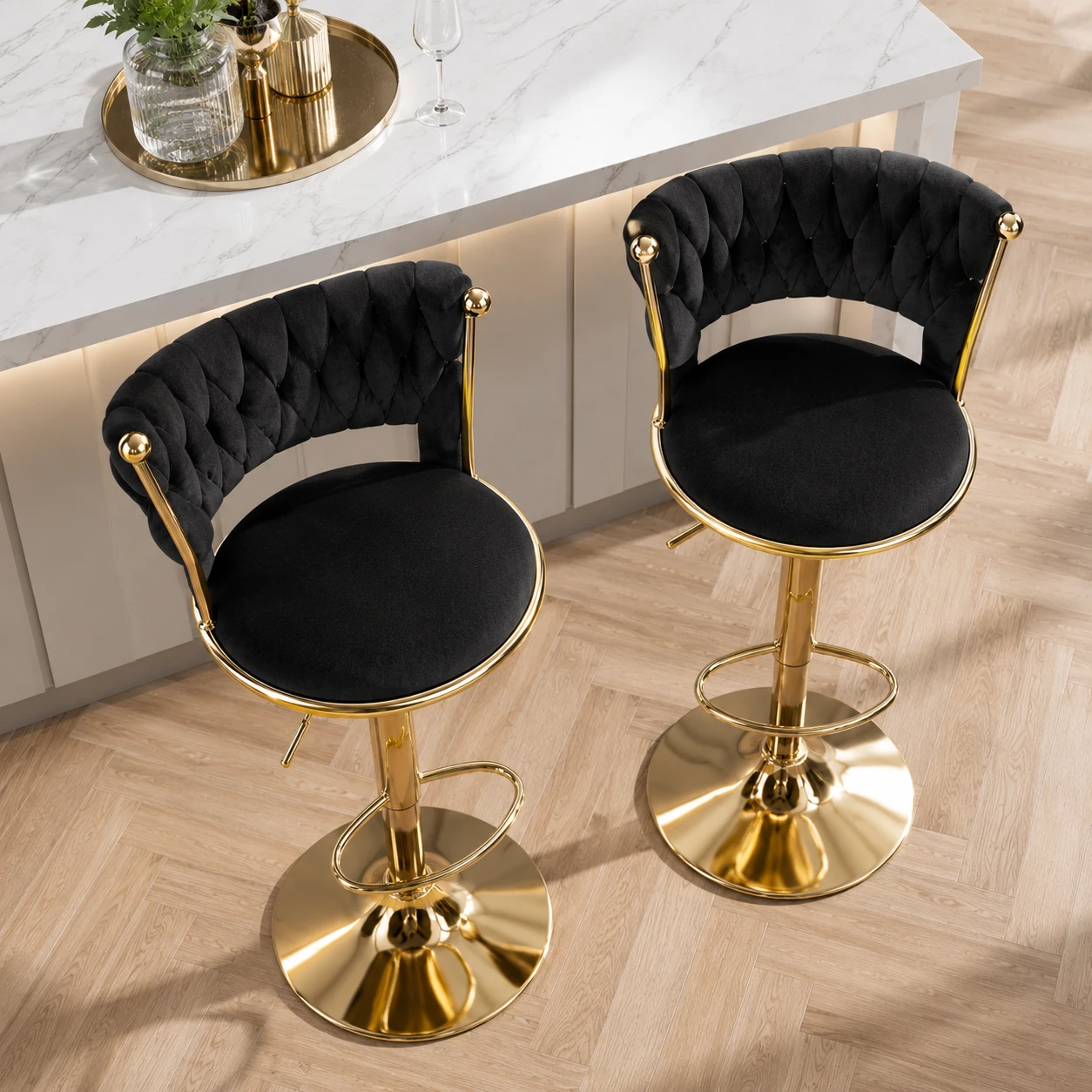 2 pc brand new Luxury Bar Stool Set - Black Velvet & Gold - photo 2