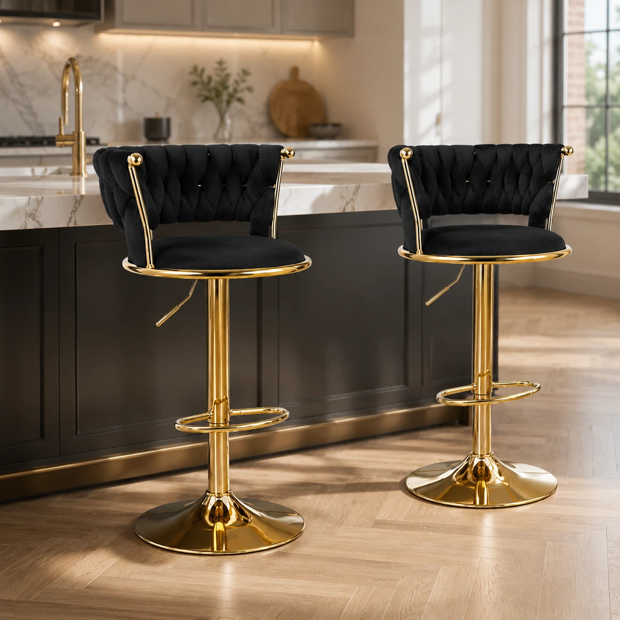 2 pc brand new Luxury Bar Stool Set - Black Velvet & Gold - photo 3