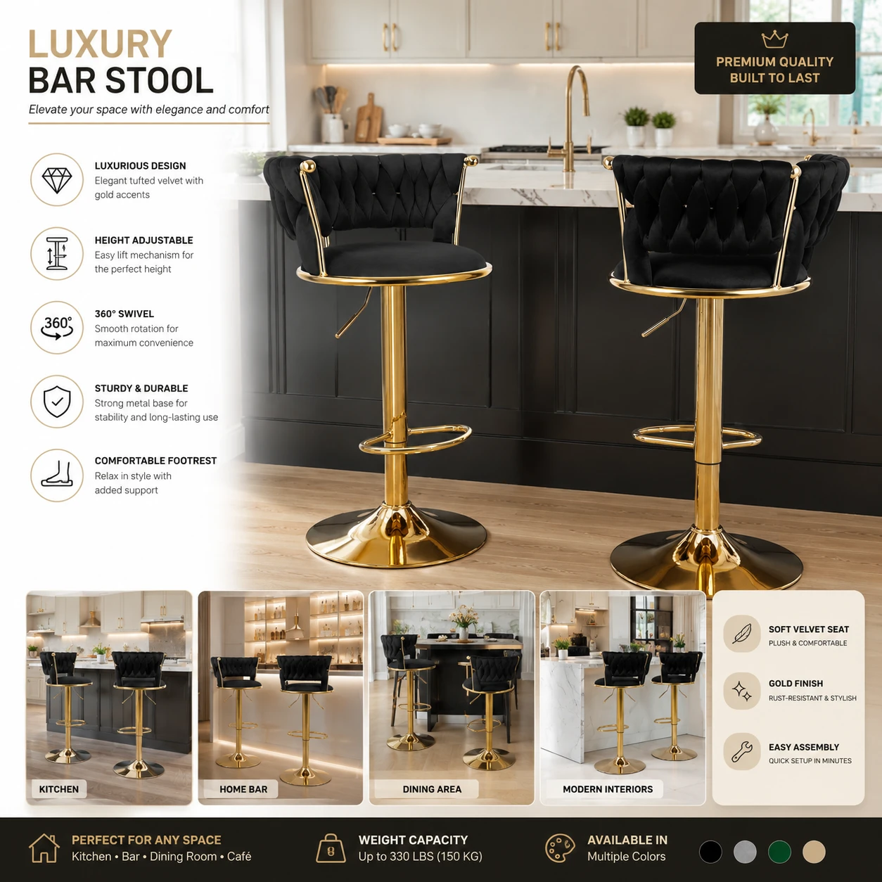 2 pc brand new Luxury Bar Stool Set - Black Velvet & Gold - photo 5