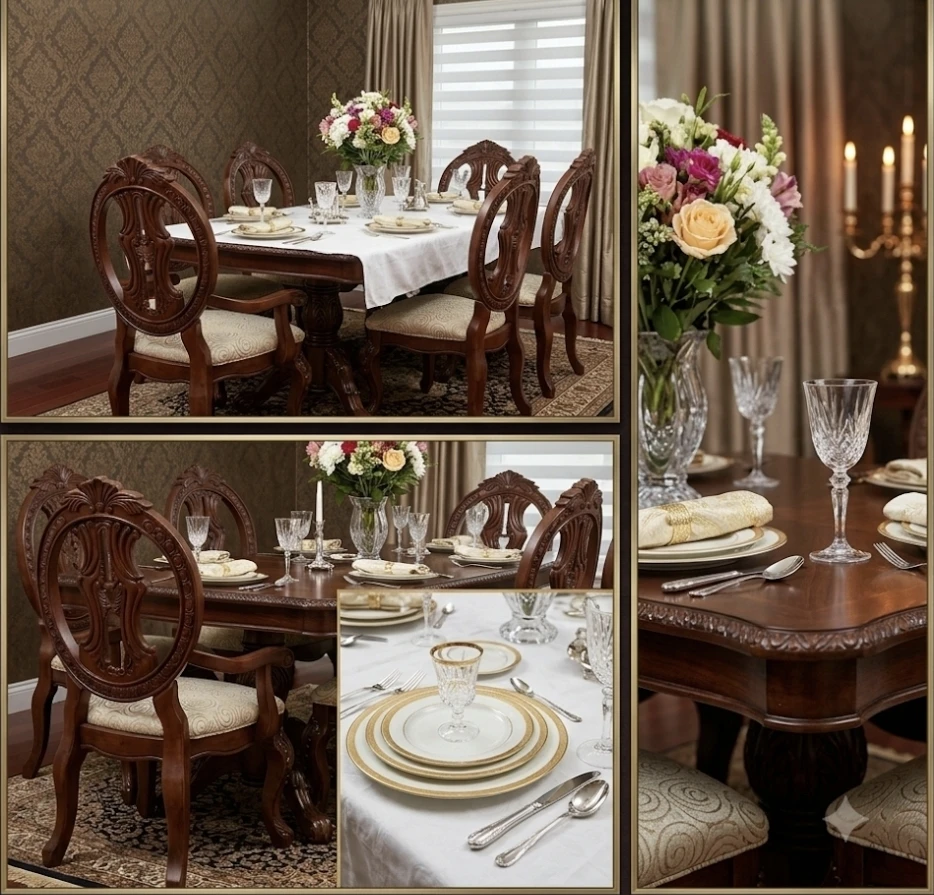 Set of 4 Ornate Dark Wood Dining Chairs with Upholstered Seats