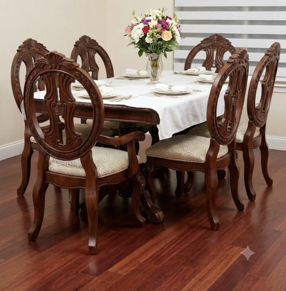 Set of 4 Ornate Dark Wood Dining Chairs with Upholstered Seats - photo 2