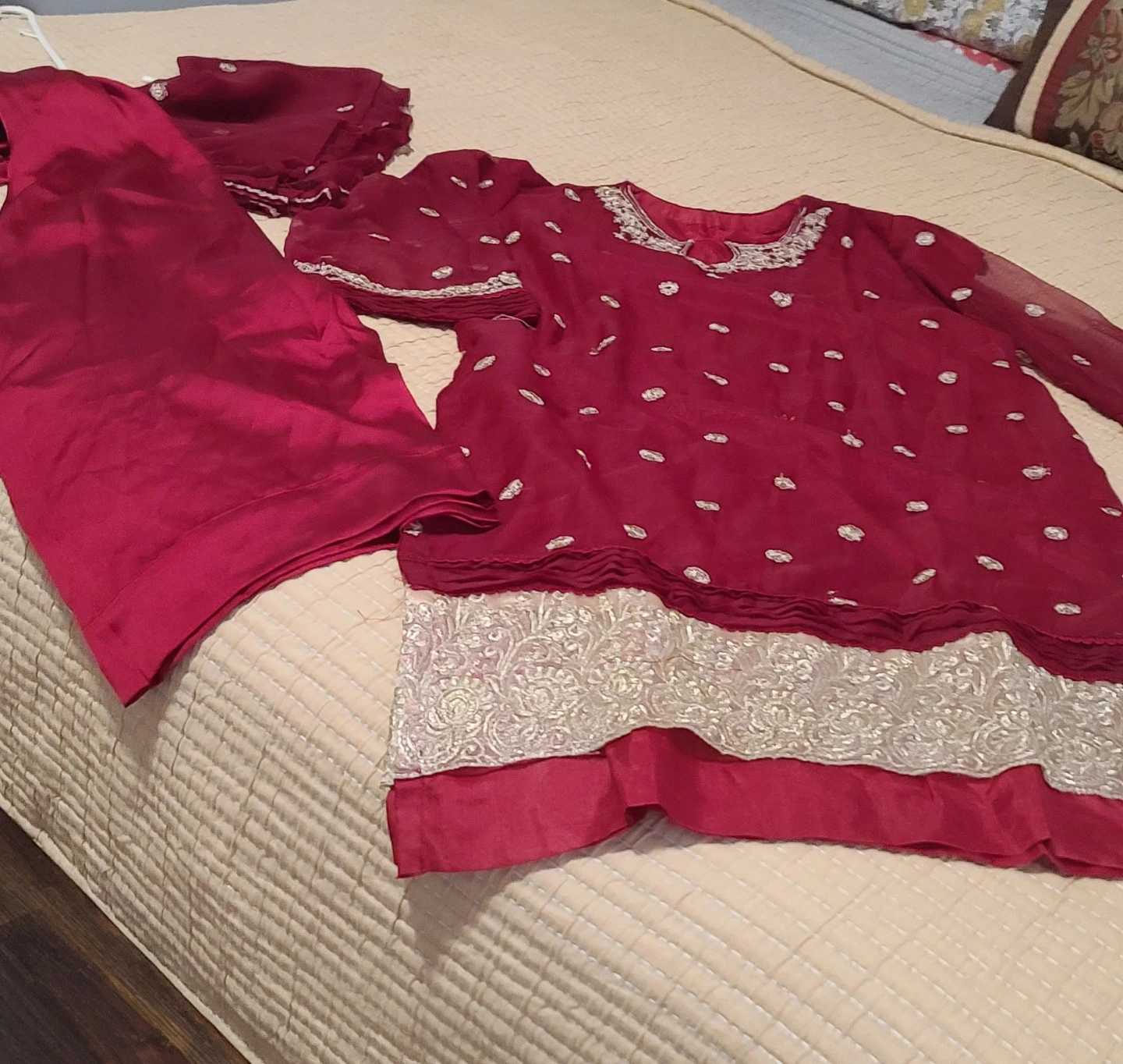 Maroon Embroidered Kurti with Pants and Dupatta