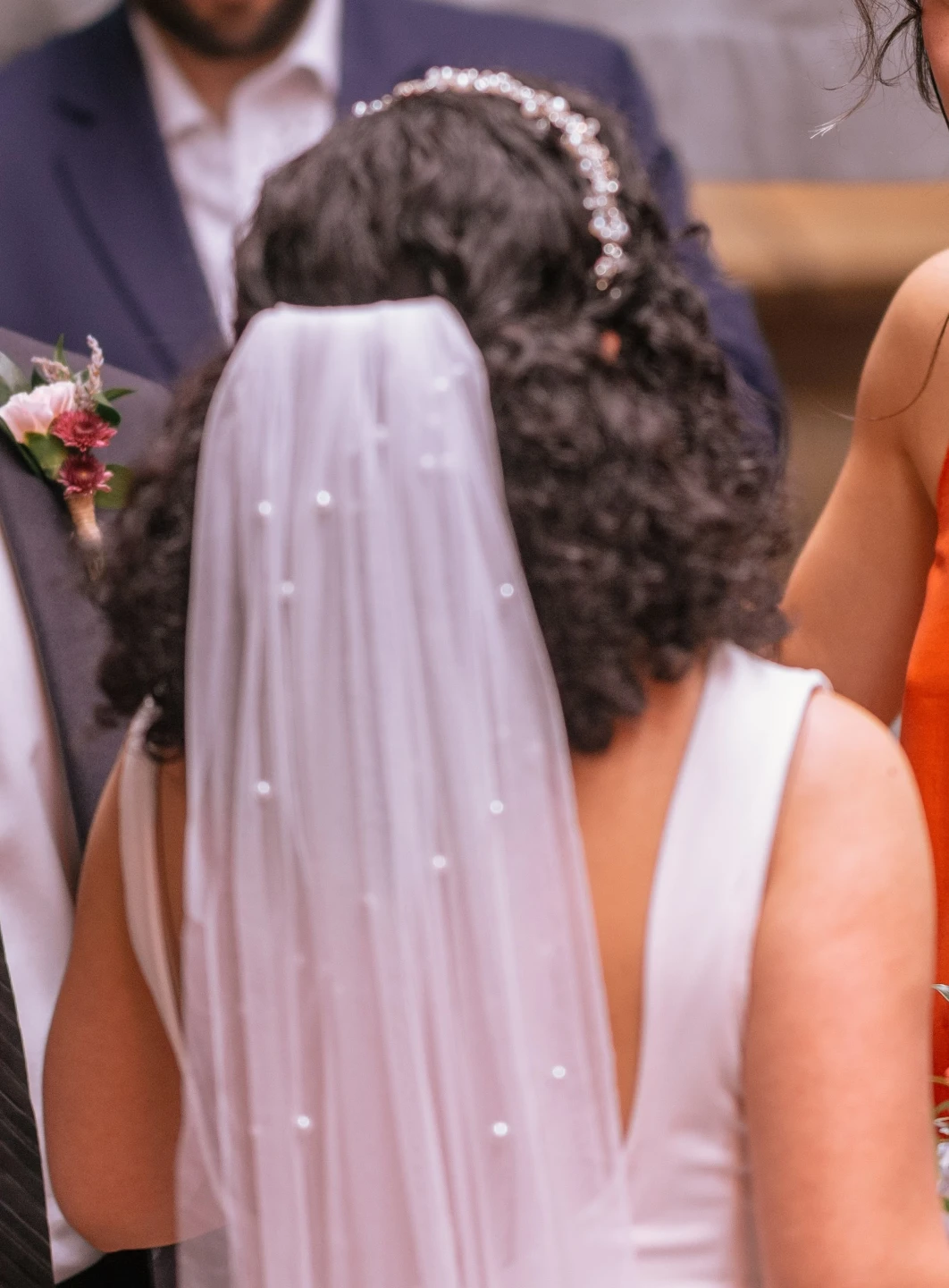 Fingertip White Pearl Wedding Veil - photo 3