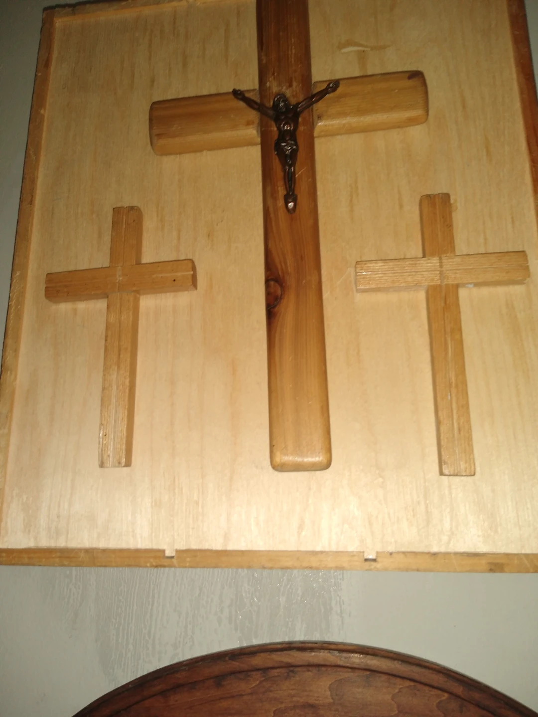 Handcrafted wood " three on Calvary "
