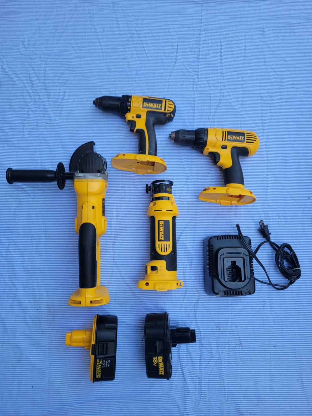 18V DeWalt Cordless Drill, Angle Grinder  charger, battery