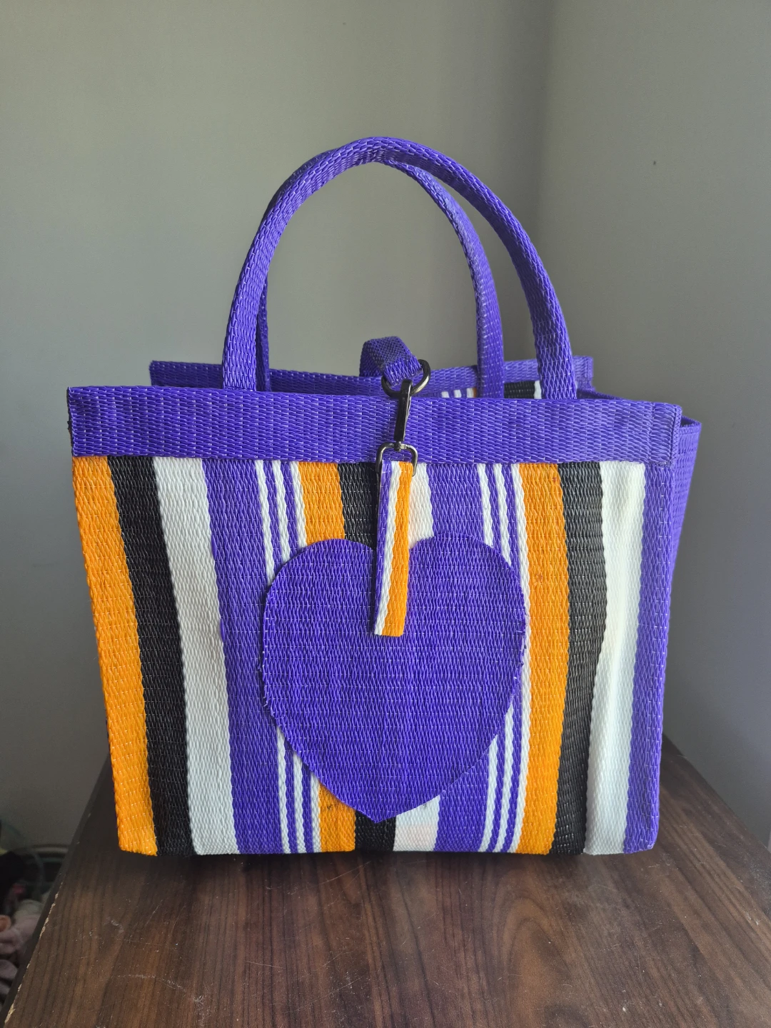 Woven Tote Bag with Heart Detail