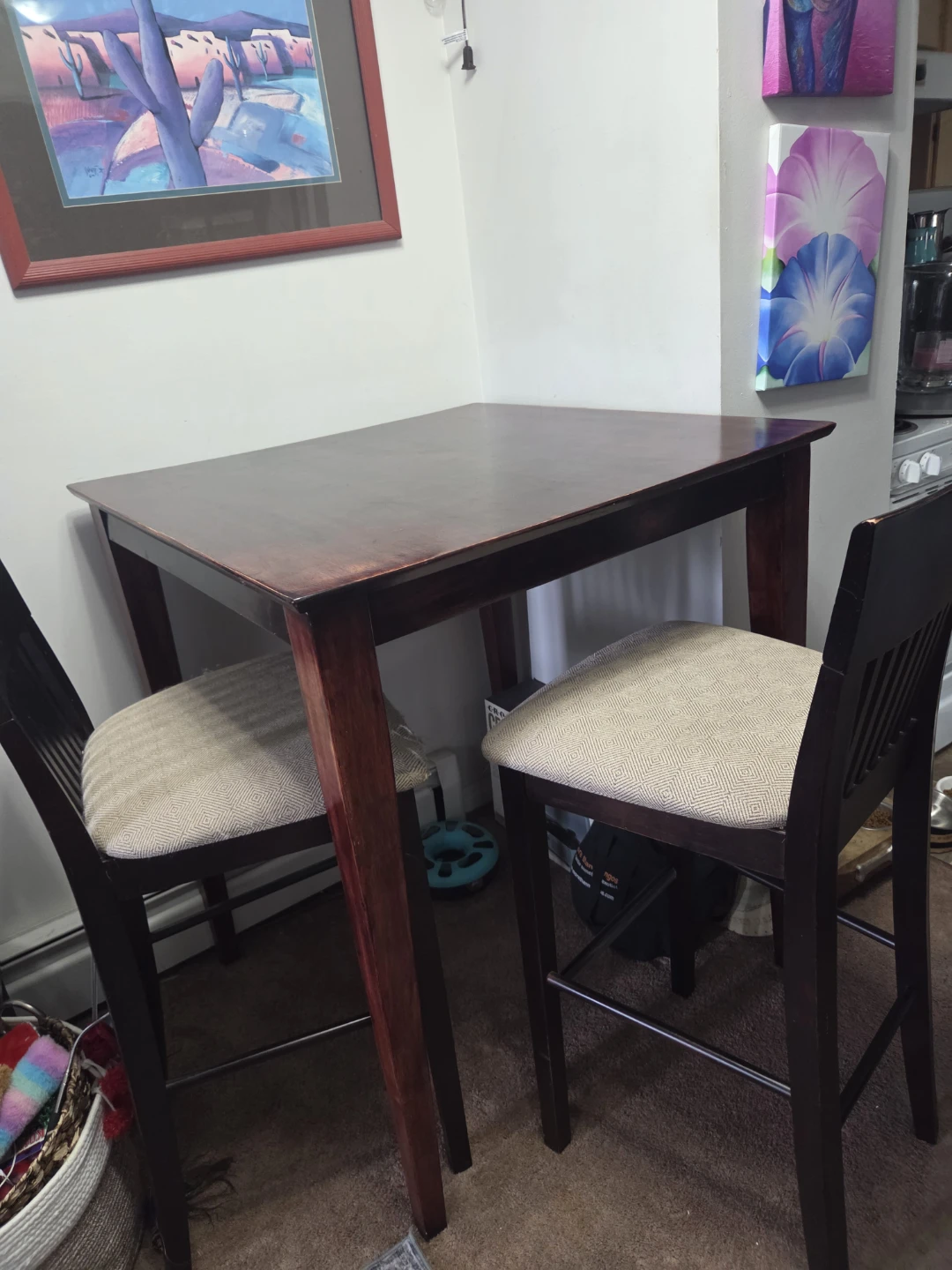 Dark Wood Counter Height Table with Two Chairs