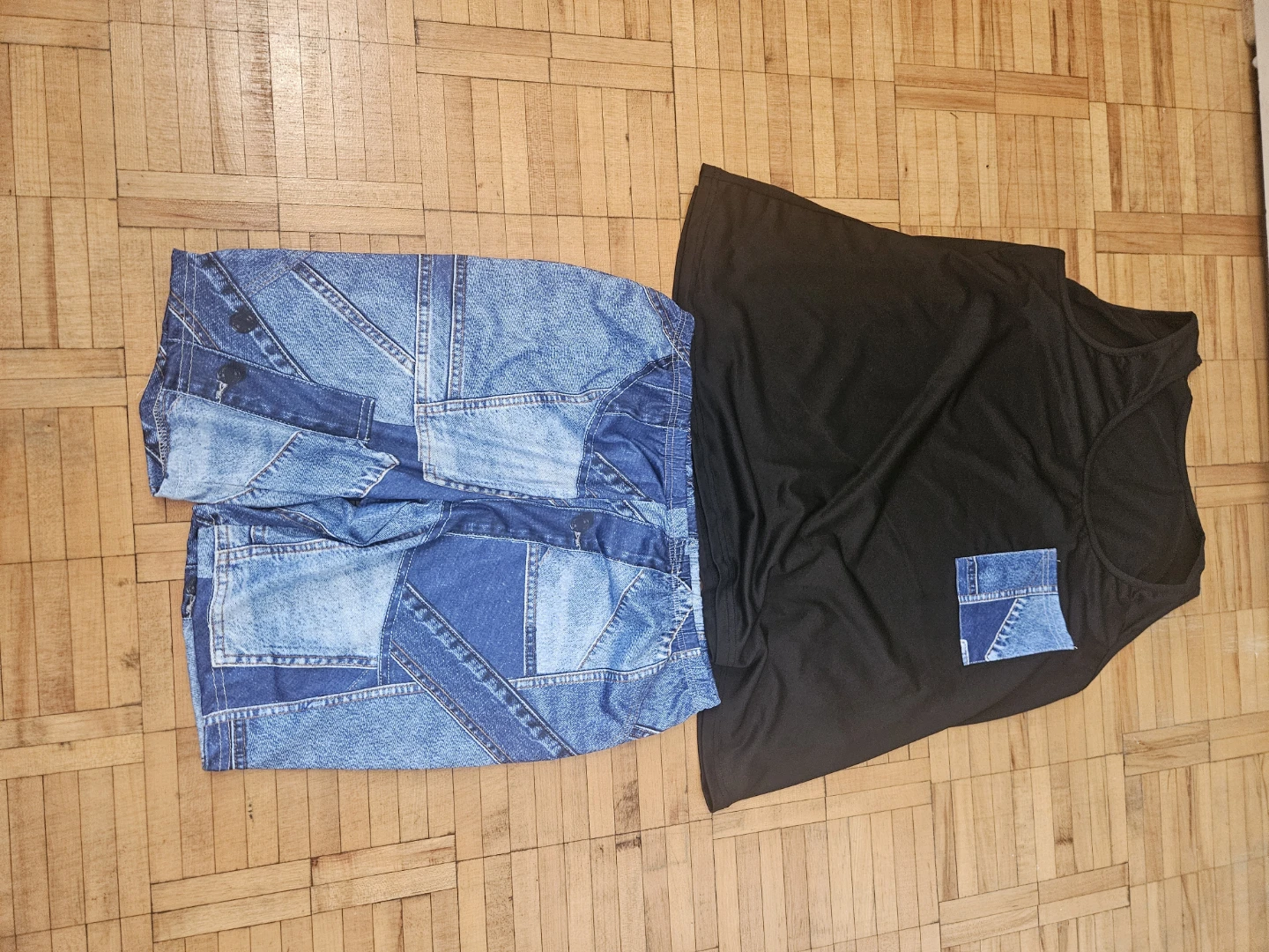 Patchwork Denim Shorts & Black Tank Top Set