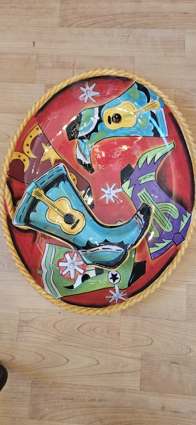 Decorative Western-Themed Platter with Boots and Guitars