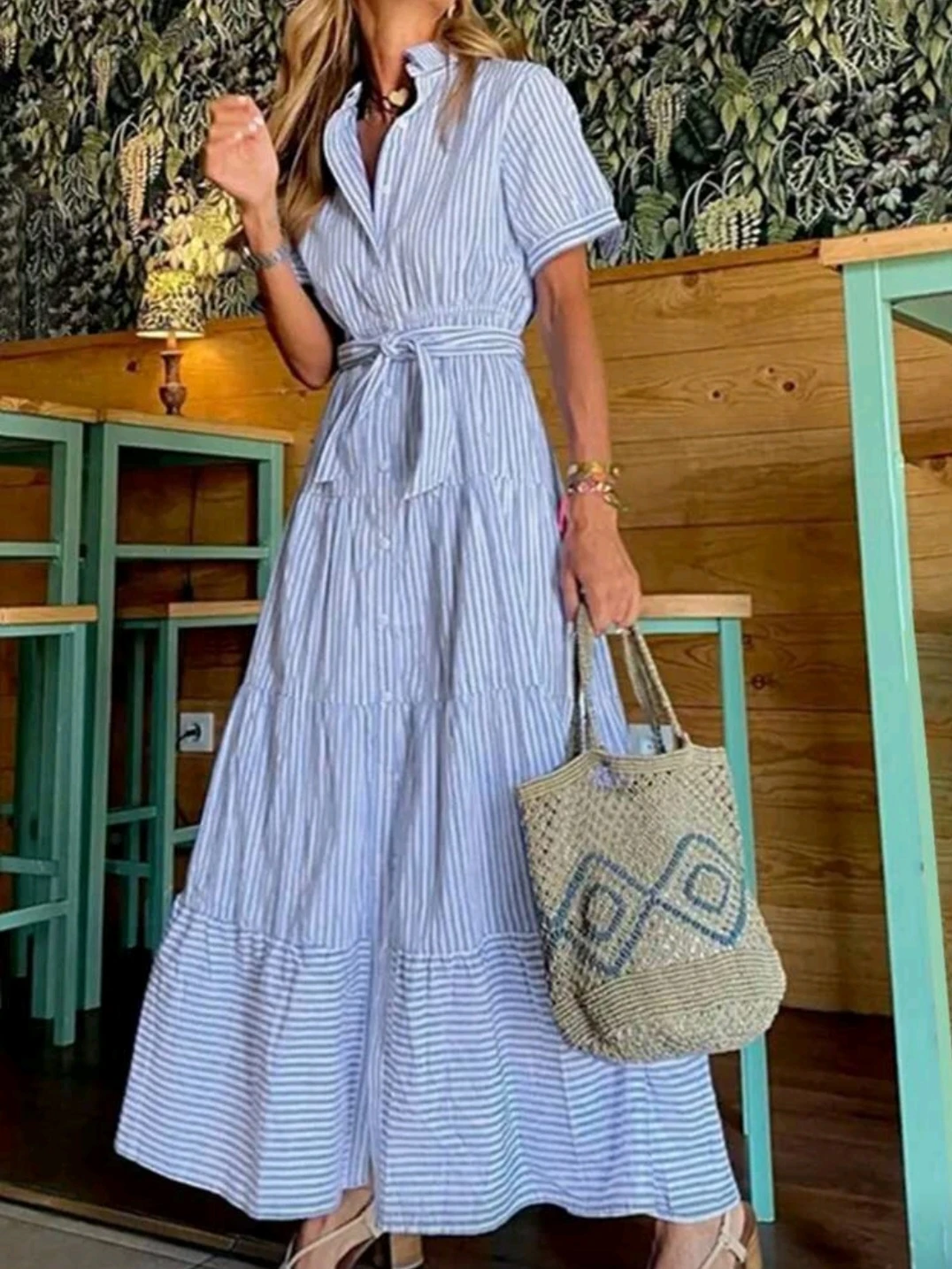 [New] Blue and White Striped Maxi Dress