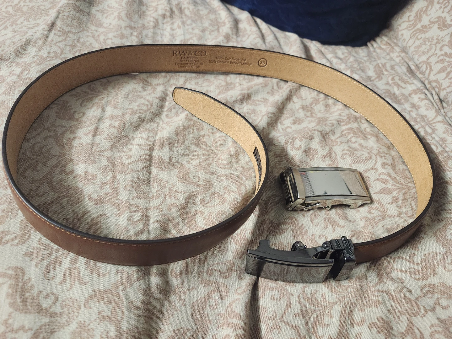RW & CO. Brown Genuine Leather Belt with Silver Buckle - Size 36