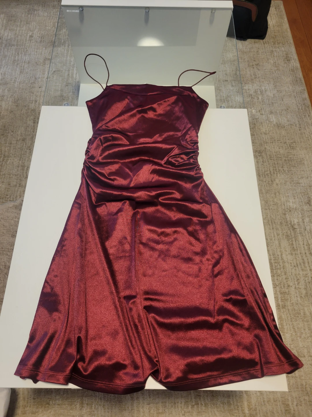 Burgundy Ruched Satin Slip Dress