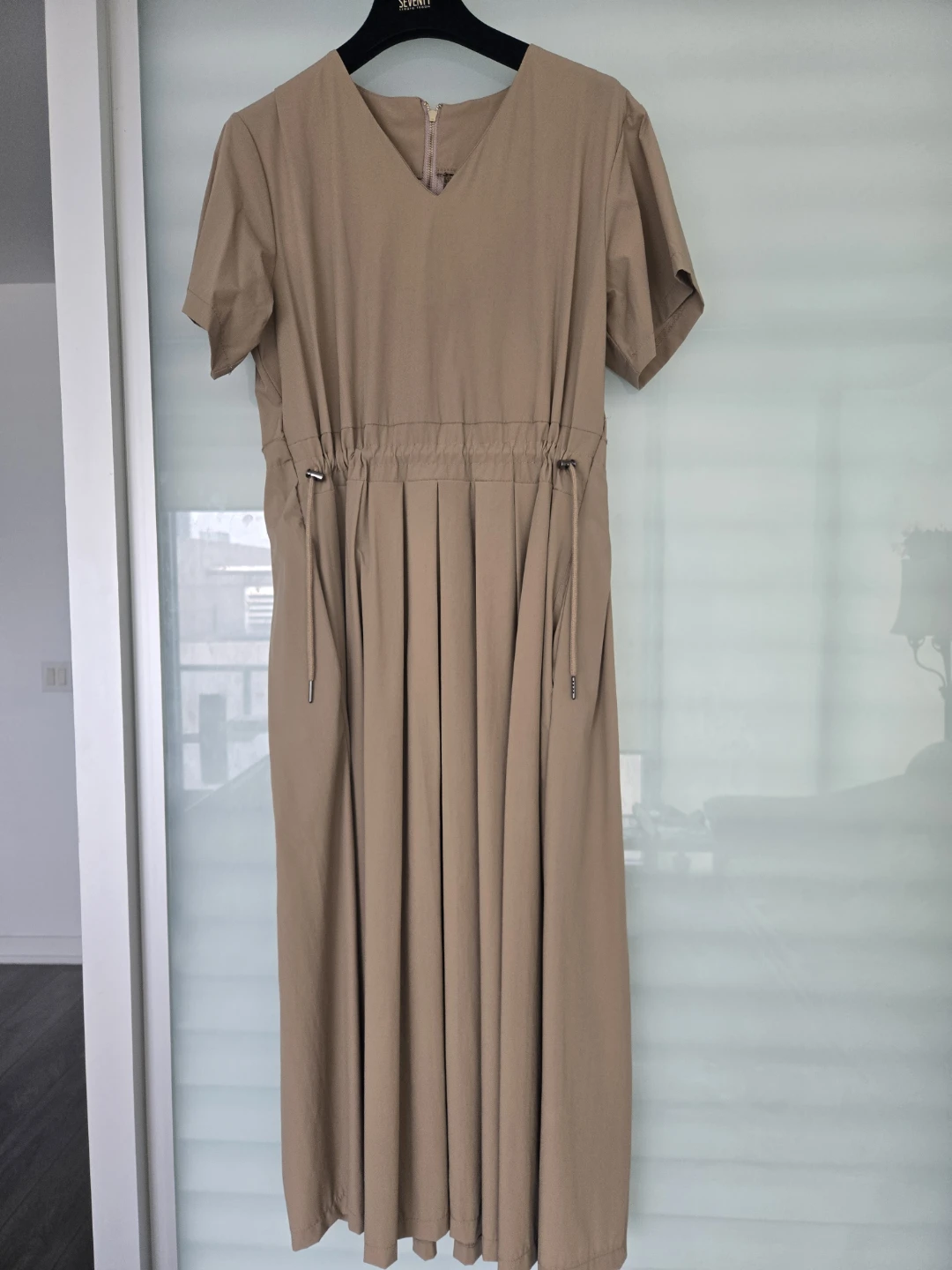 Beige Short Sleeve Midi Dress