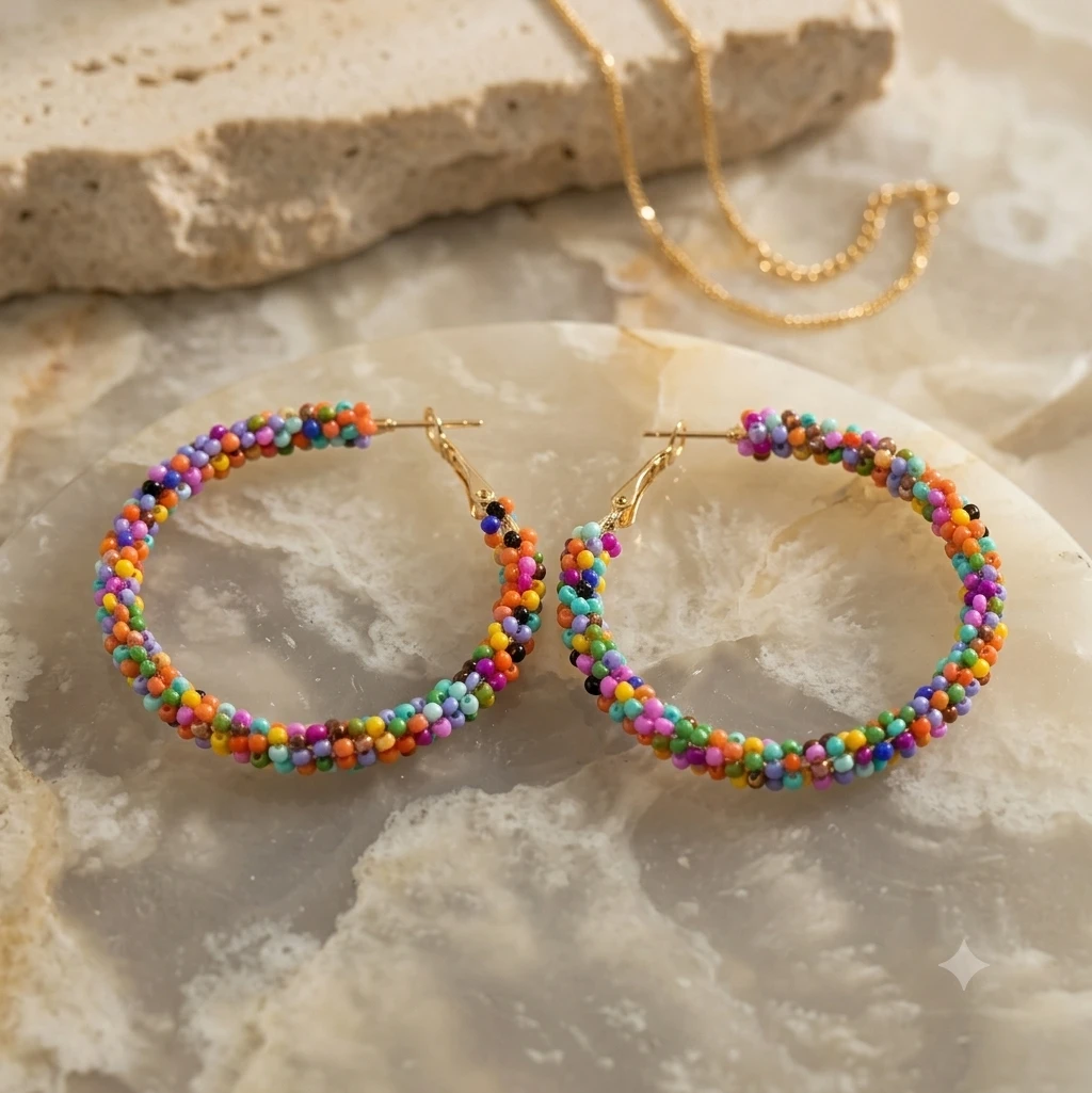 Colourful Beaded Hoop Earrings
