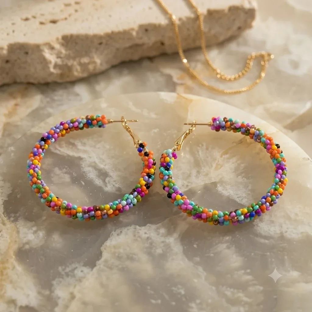 Colourful Beaded Hoop Earrings